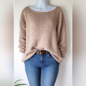 Kate Hill Womens Loose Knit Tan 3/4 Sleeve Sweater Size XL Preppy Beachy Boho